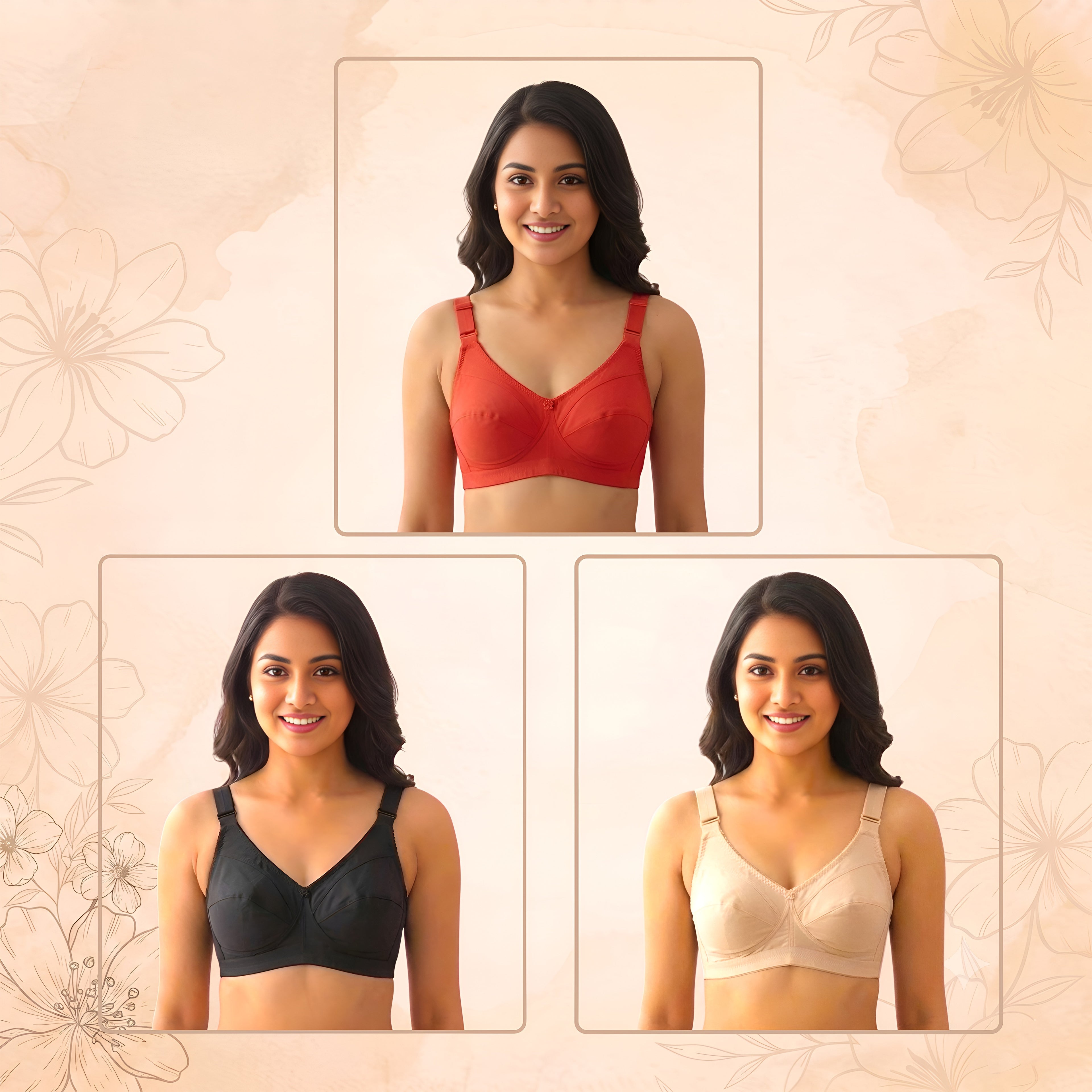 Comfortable Regular Use Indian Soft Cotton Guddi Bra 3 Pcs Combo