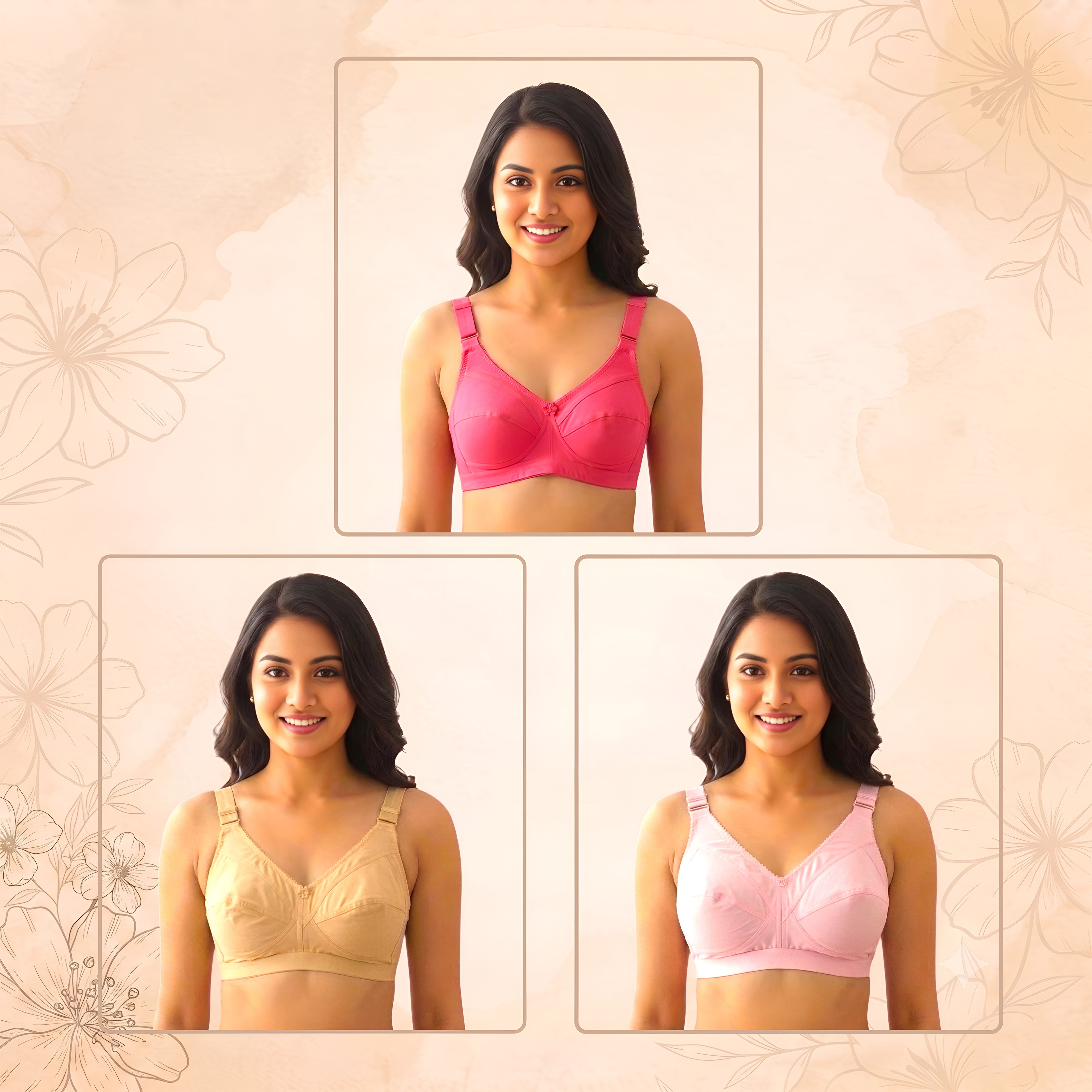 Comfortable Regular Use Indian Soft Cotton Guddi Bra 3 Pcs Combo